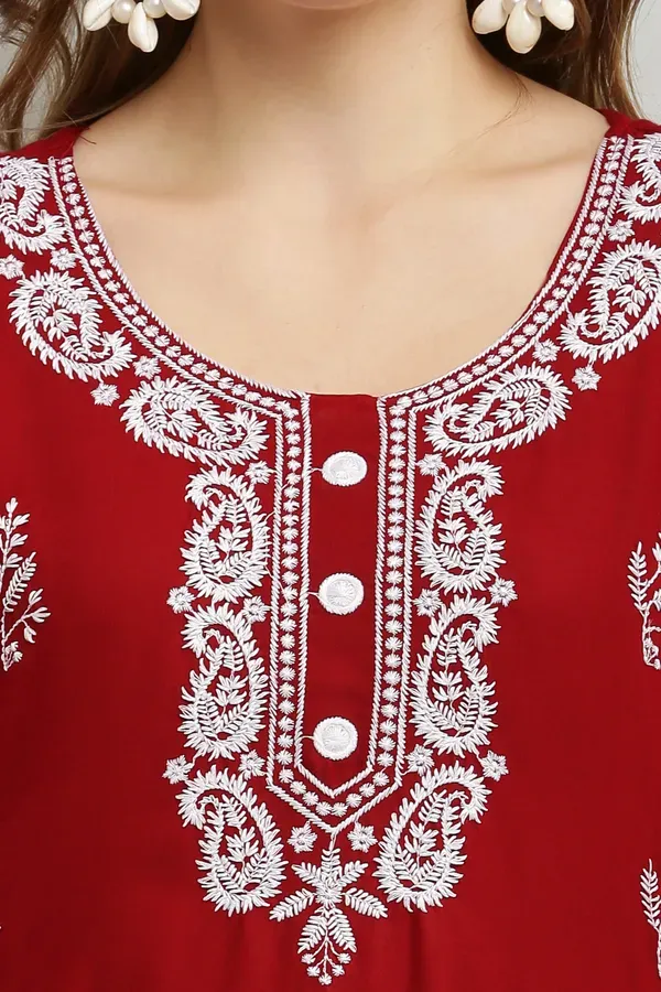 Maroon_Rayon_Kurti_With_Dupatta_And_Bottom_Wear_3_Piece_Set_For_Women