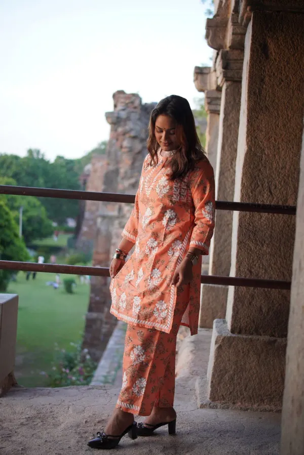 Orange_Buy_Mulmul_Cotton_Printed_Chikankari_Kurta_And_Plazzo_Set