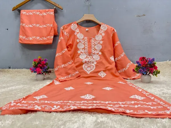 Peach_Chikankari_Kurti_With_Matching_Printed_Plazzo_Suit_2ps_For_Women