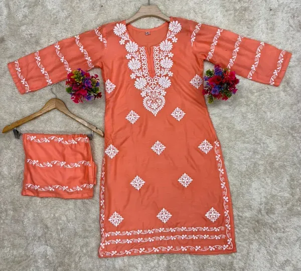 Peach_Chikankari_Kurti_With_Matching_Printed_Plazzo_Suit_2ps_For_Women