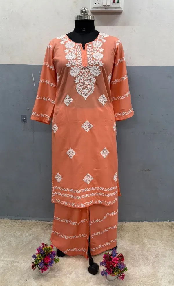 Peach_Chikankari_Kurti_With_Matching_Printed_Plazzo_Suit_2ps_For_Women