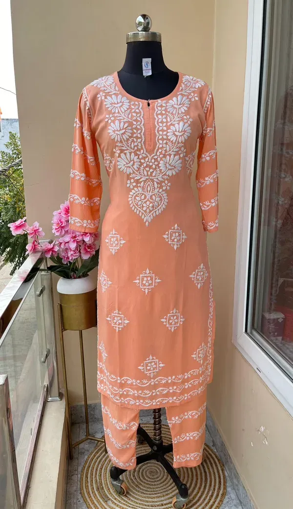 Peach_Chikankari_Kurti_With_Matching_Printed_Plazzo_Suit_2ps_For_Women
