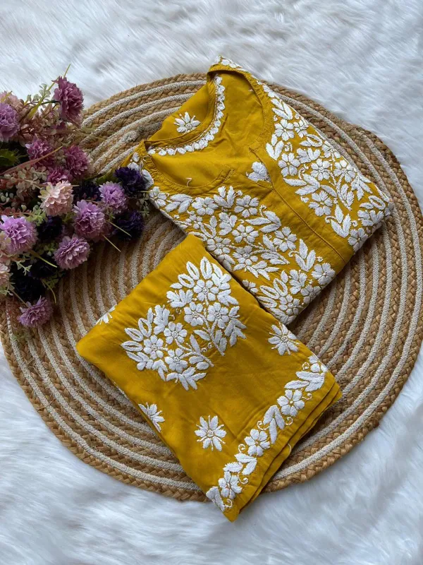 Yellow_Long_Chikankari_Work_Latest_Rayon_Kurti_Wirh_Plazo_Set