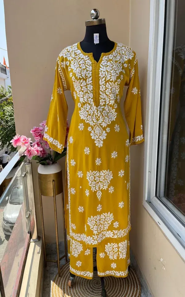 Yellow_Long_Chikankari_Work_Latest_Rayon_Kurti_Wirh_Plazo_Set