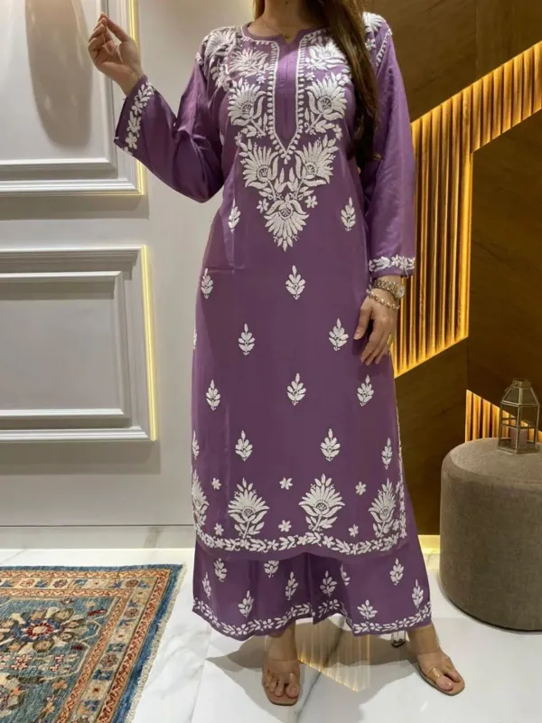 Magenta_Diwali_Speacial_Chikankari_Work_Kurti_And_Plazzo_Set