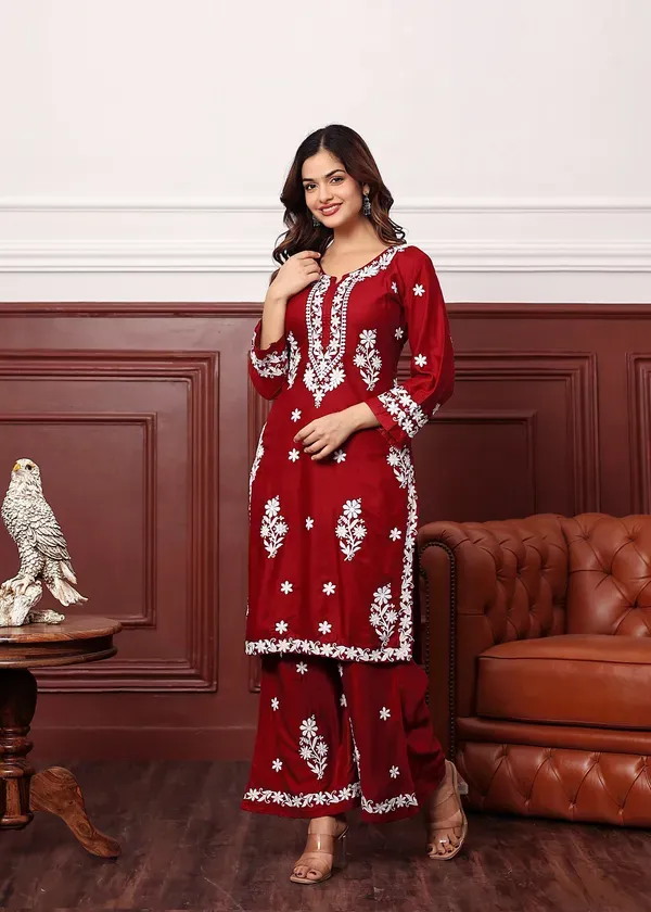 Maroon_Premium_Rayon_Kurti_Plazo_Set