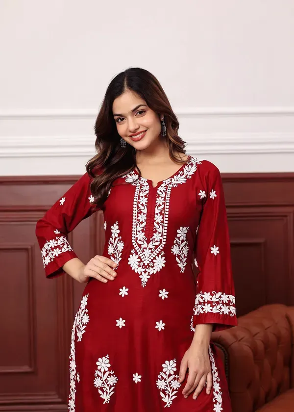 Maroon_Premium_Rayon_Kurti_Plazo_Set