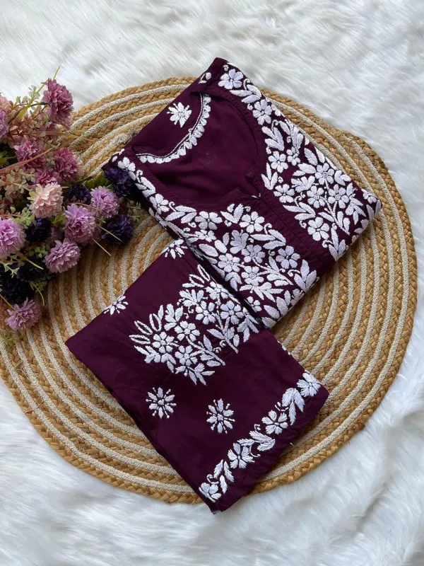 Wine_Long_Chikankari_Work_Latest_Rayon_Kurti_Wirh_Plazo_Set
