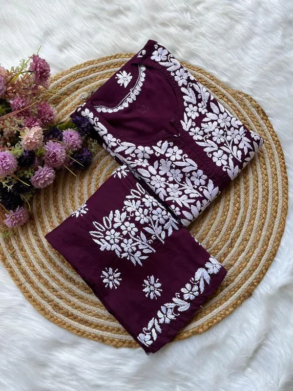 Wine_Long_Chikankari_Work_Latest_Rayon_Kurti_Wirh_Plazo_Set