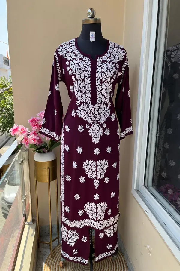 Wine_Long_Chikankari_Work_Latest_Rayon_Kurti_Wirh_Plazo_Set