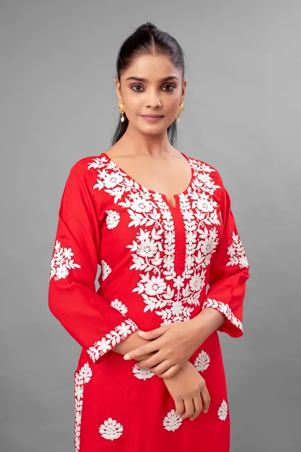Red_Partywear_Chikankari_Straight_Kurta_Palazzo_Set_Readymade_For_Women