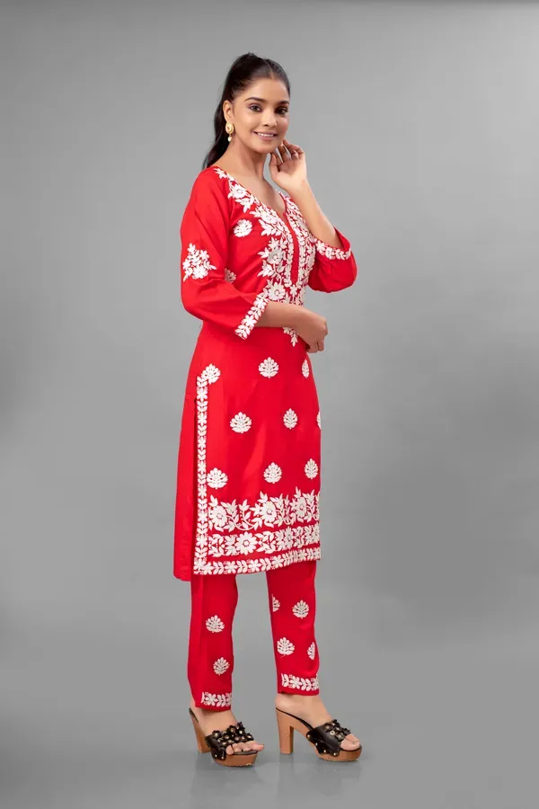 Red_Partywear_Chikankari_Straight_Kurta_Palazzo_Set_Readymade_For_Women