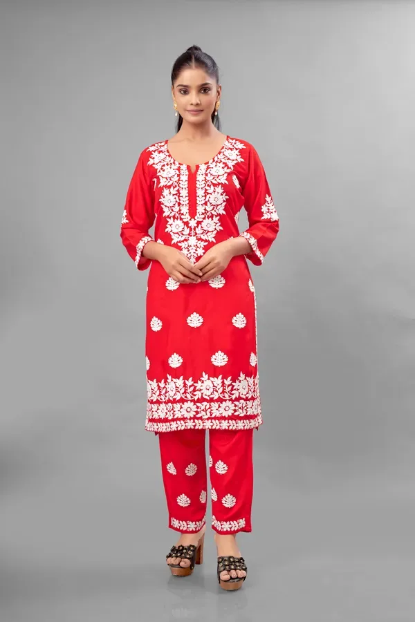 Red_Partywear_Chikankari_Straight_Kurta_Palazzo_Set_Readymade_For_Women