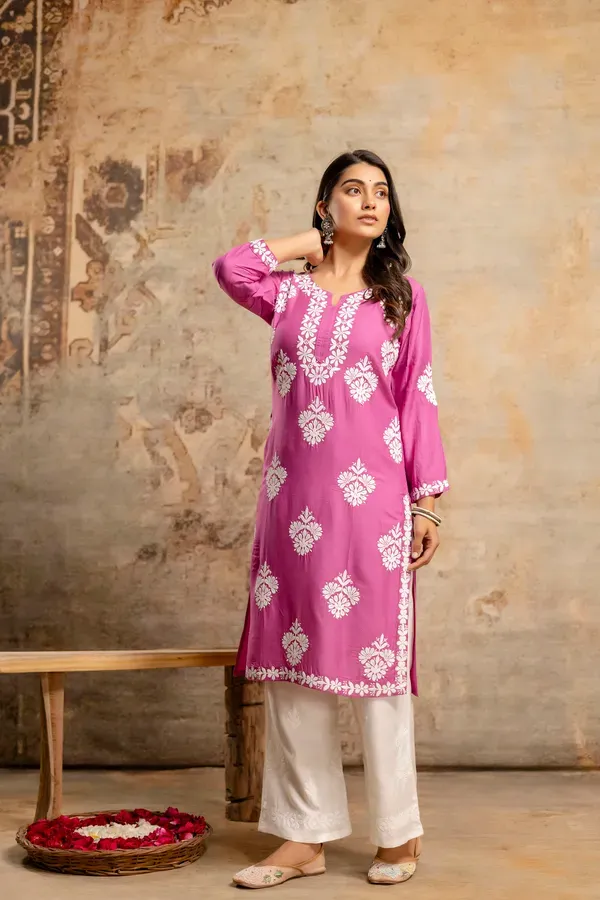 Magenta_Floral_Embroidered_Round_Neck_Chikankari_Straight_Kurta_With_Palazz