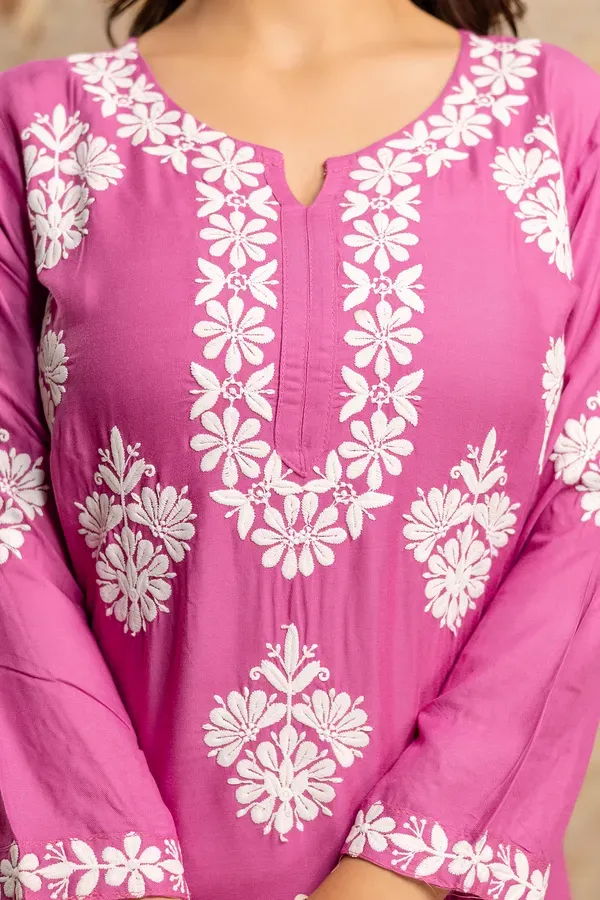 Magenta_Floral_Embroidered_Round_Neck_Chikankari_Straight_Kurta_With_Palazz