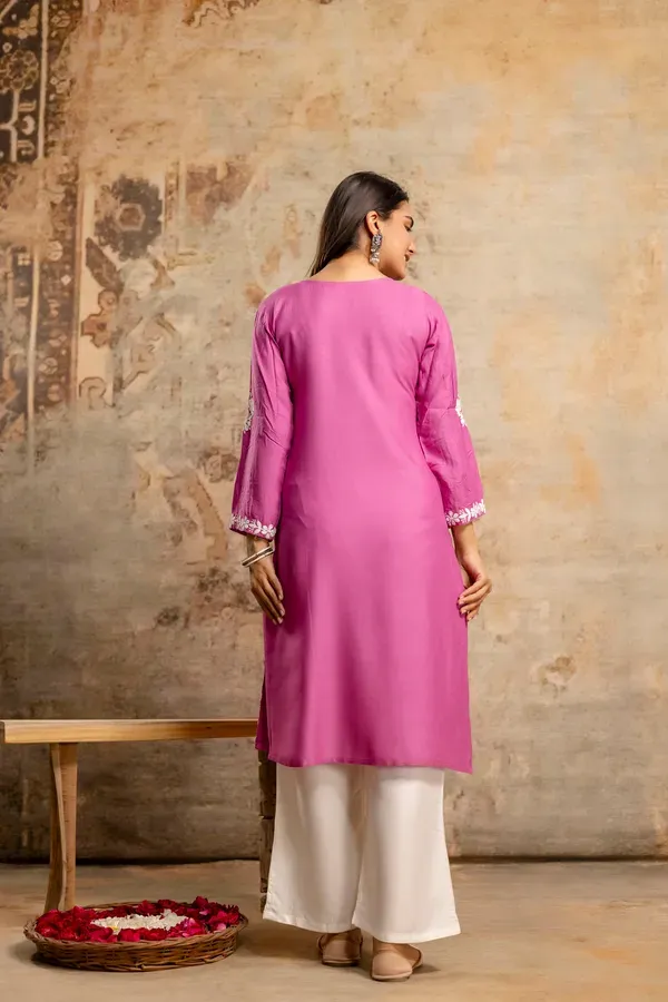 Magenta_Floral_Embroidered_Round_Neck_Chikankari_Straight_Kurta_With_Palazz