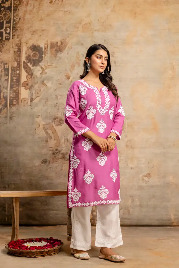 Magenta_Floral_Embroidered_Round_Neck_Chikankari_Straight_Kurta_With_Palazz