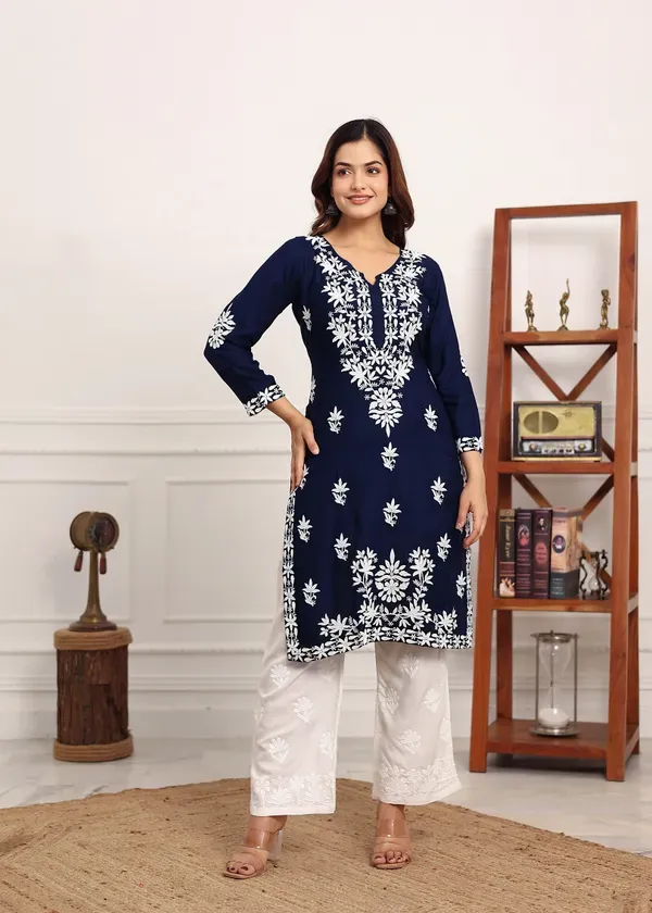 Blue_Elegant_Chikankari_Below_Knee_Length_Kurti_Plazo_Set_Perfect_For_All_O