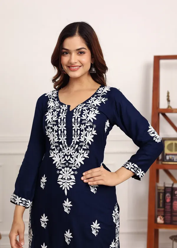 Blue_Elegant_Chikankari_Below_Knee_Length_Kurti_Plazo_Set_Perfect_For_All_O