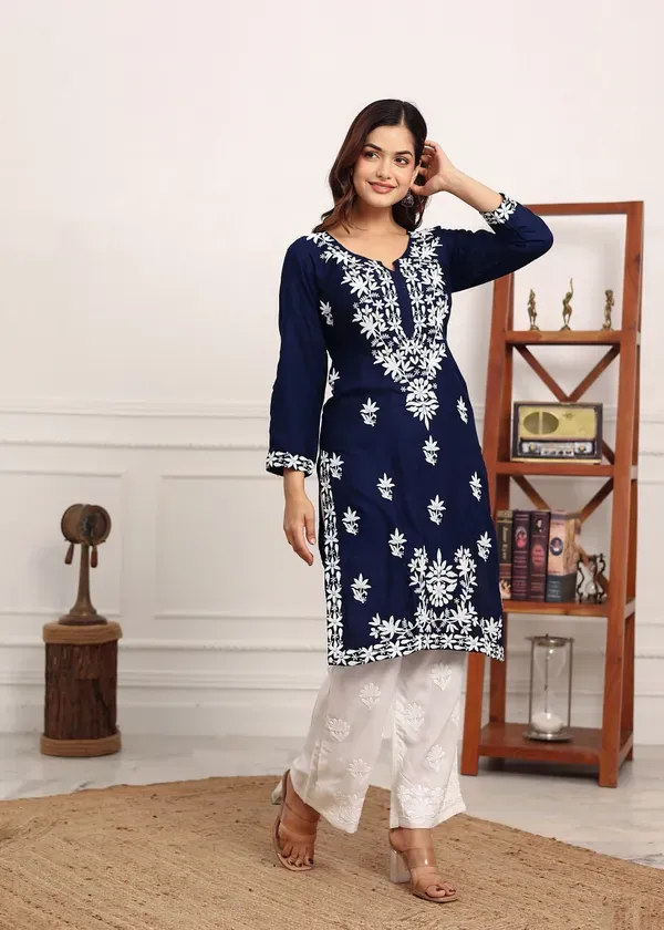 Blue_Elegant_Chikankari_Below_Knee_Length_Kurti_Plazo_Set_Perfect_For_All_O