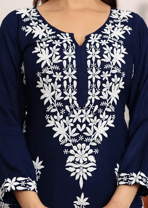 Blue_Elegant_Chikankari_Below_Knee_Length_Kurti_Plazo_Set_Perfect_For_All_O