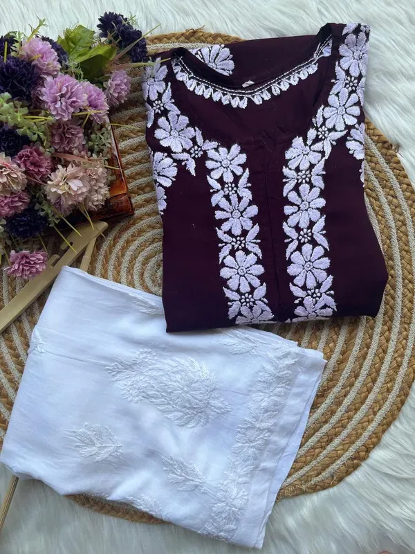 Wine_Chikankari_Kurta_Set_For_Women