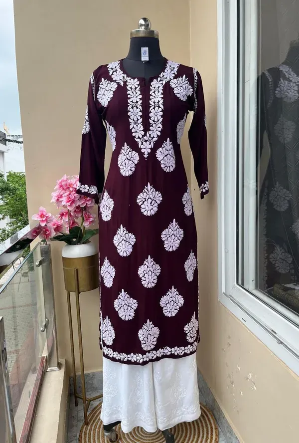 Wine_Chikankari_Kurta_Set_For_Women
