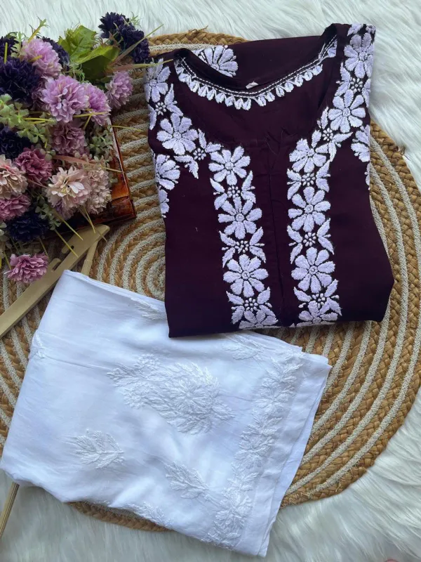 Wine_Chikankari_Kurta_Set_For_Women