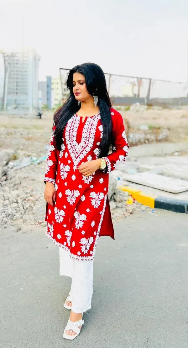 Maroon_Pure_Rayon_Rose_Modal_Kurti_With_Heavy_Work_On_Daman_And_Sleeves_And_Plazzo_Set