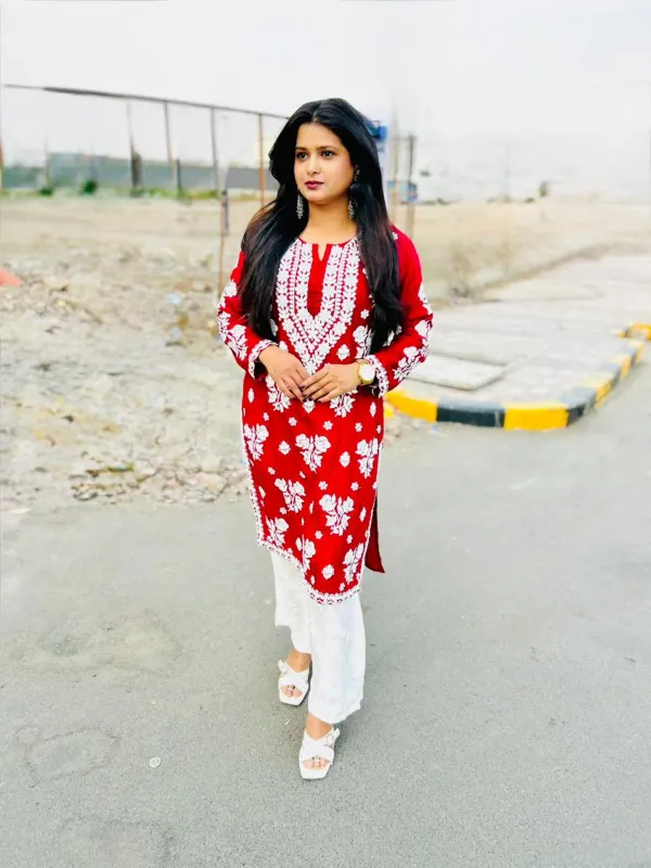 Maroon_Pure_Rayon_Rose_Modal_Kurti_With_Heavy_Work_On_Daman_And_Sleeves_And_Plazzo_Set