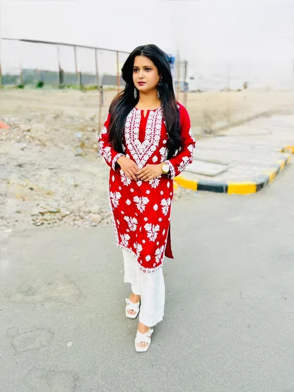 Maroon_Pure_Rayon_Rose_Modal_Kurti_With_Heavy_Work_On_Daman_And_Sleeves_And_Plazzo_Set