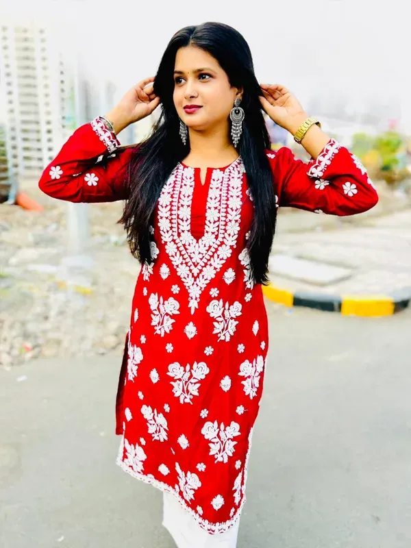 Maroon_Pure_Rayon_Rose_Modal_Kurti_With_Heavy_Work_On_Daman_And_Sleeves_And_Plazzo_Set