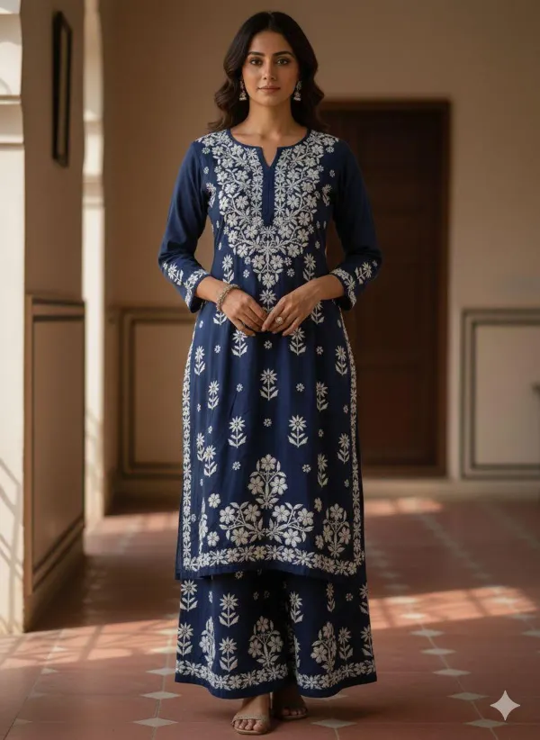 Blue_Elegance_Chikankari_Reyon_Kurta_And_Palazzo_Set