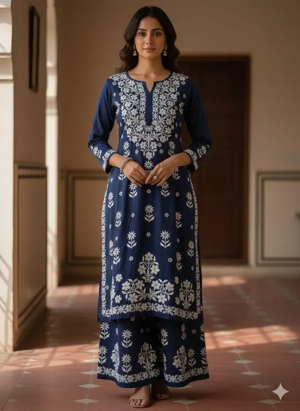 Blue_Elegance_Chikankari_Reyon_Kurta_And_Palazzo_Set