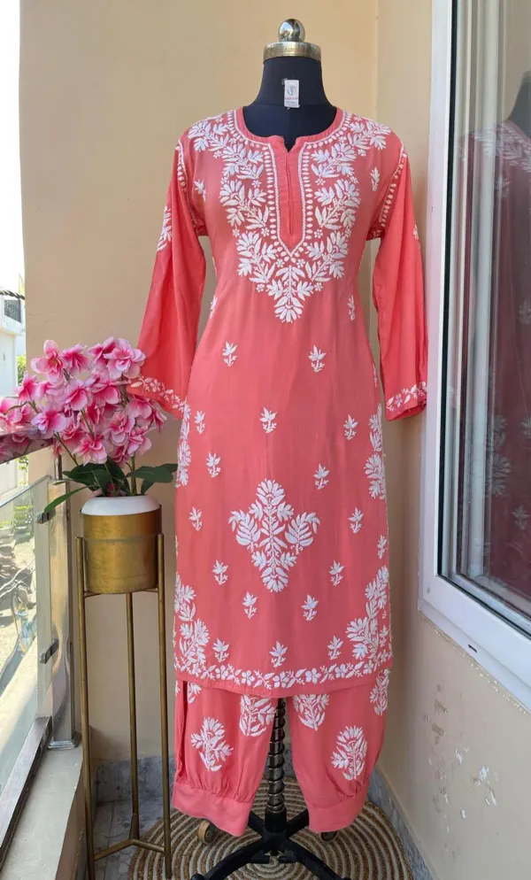 Peach_Chikankari_Reyon_Kurti_With_Afgani_Salwar_Suit