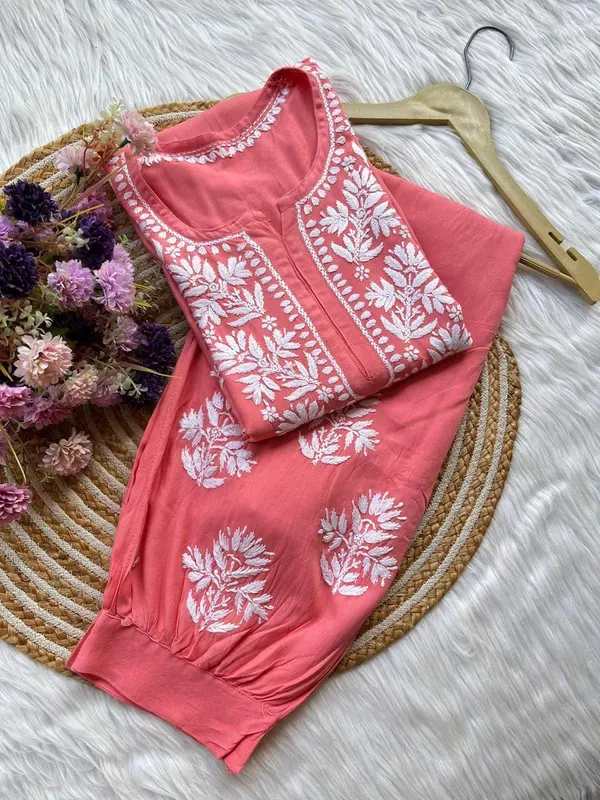 Peach_Chikankari_Reyon_Kurti_With_Afgani_Salwar_Suit