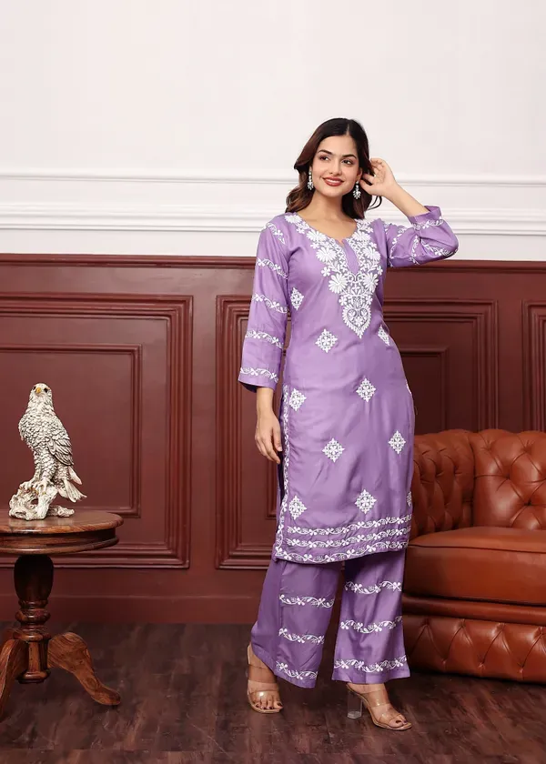 Light_Purple_Women_S_Rayon_Chikankari_Work_Straight_Kurta_Palazzo_Set_For_W