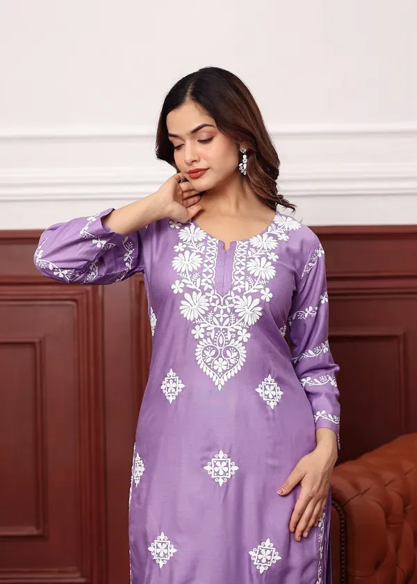 Light_Purple_Women_S_Rayon_Chikankari_Work_Straight_Kurta_Palazzo_Set_For_W