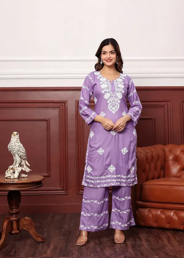 Light_Purple_Women_S_Rayon_Chikankari_Work_Straight_Kurta_Palazzo_Set_For_W