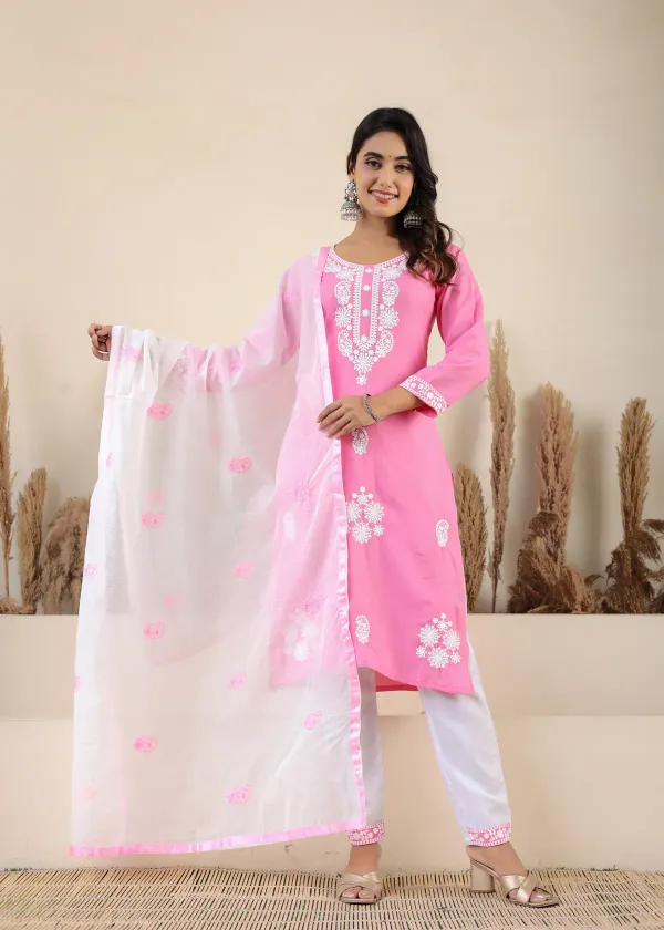 Pink_Rayon_Chikankari_Kurti_With_Dupatta_And_Bottom_Wear_3_Piece_Set_For_Women