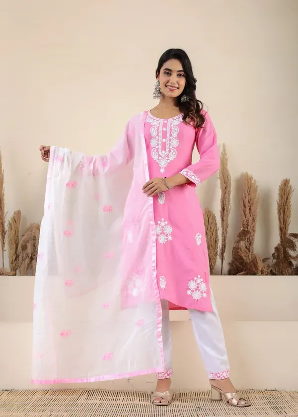 Pink_Rayon_Chikankari_Kurti_With_Dupatta_And_Bottom_Wear_3_Piece_Set_For_Women