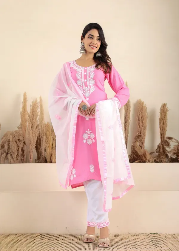 Pink_Rayon_Chikankari_Kurti_With_Dupatta_And_Bottom_Wear_3_Piece_Set_For_Women