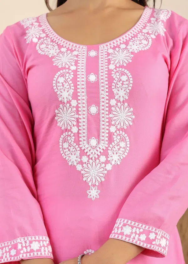 Pink_Rayon_Chikankari_Kurti_With_Dupatta_And_Bottom_Wear_3_Piece_Set_For_Women