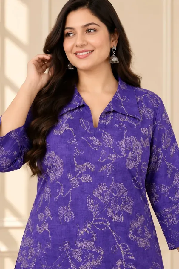 Purple_Plus_Size_Cotton_Printed_Kurta_And_Chikankari_Work_White_Plazzo