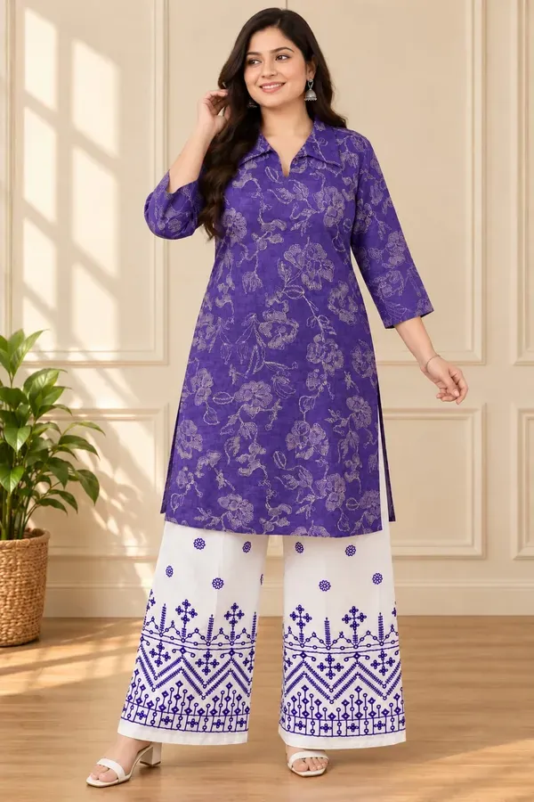 Purple_Plus_Size_Cotton_Printed_Kurta_And_Chikankari_Work_White_Plazzo