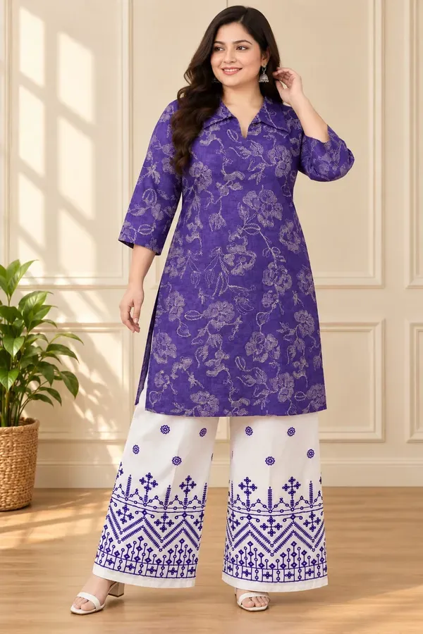 Purple_Plus_Size_Cotton_Printed_Kurta_And_Chikankari_Work_White_Plazzo