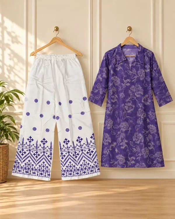 Purple_Plus_Size_Cotton_Printed_Kurta_And_Chikankari_Work_White_Plazzo