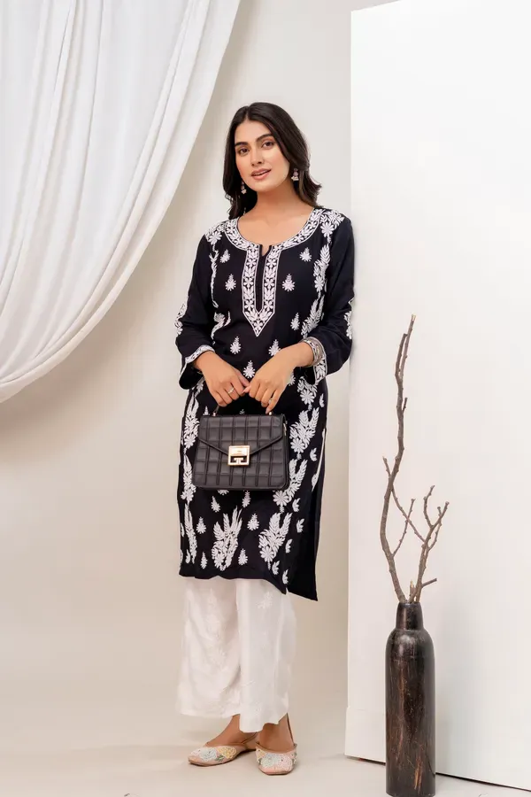 Black_Women_Embroidered_Chikankari_Modal_Kurta_Set