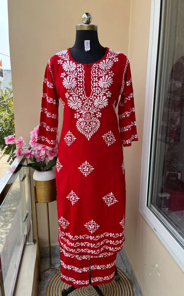 Red_Chikankari_Kurti_With_Matching_Printed_Plazzo_Suit_2ps_For_Women