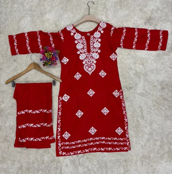 Red_Chikankari_Kurti_With_Matching_Printed_Plazzo_Suit_2ps_For_Women